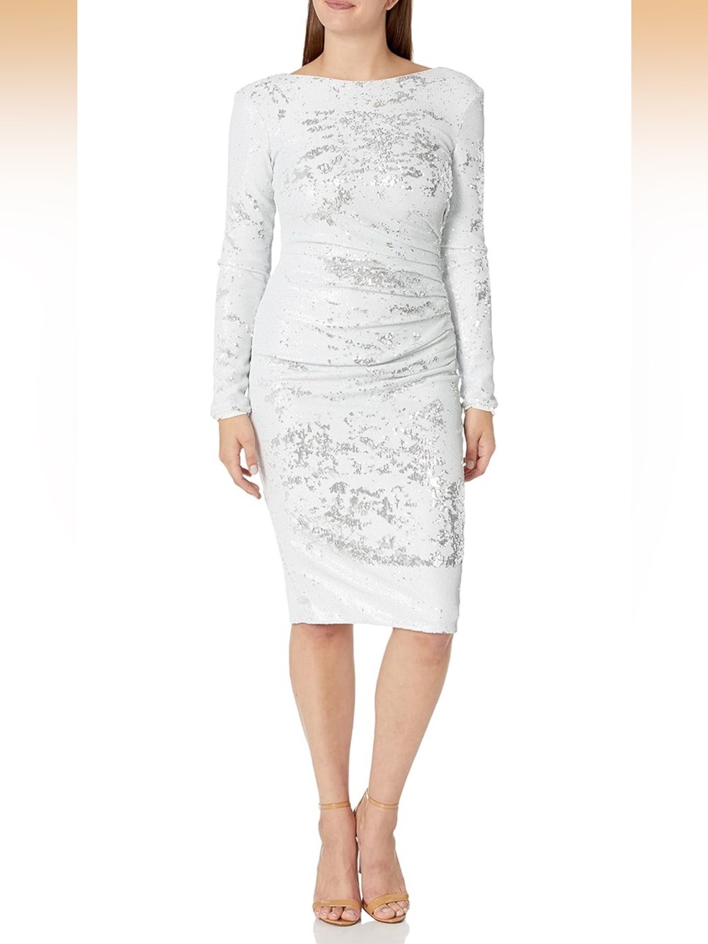 Dress the Population Emilia White Sequin Long-Sleeve Ruched Sheath Dress